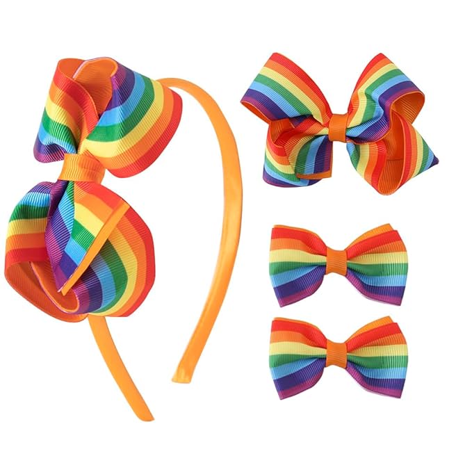 JIAHANG Baby Girls Grosgrain Ribbon 4 Inch Hair Bow Headband and Alligator Clips Set, Rainbow Color Hair Bow Accessories for Children Toddler School Girls 4Pcs Gift Set(Rainbow1)