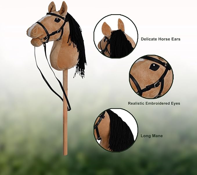 ROCK MY BABY Hobby Horse with a Detachable Bridle Plush Stuffed Stick Horse with Award Ribbon for Kids 3+ Years Old (Light Brown)