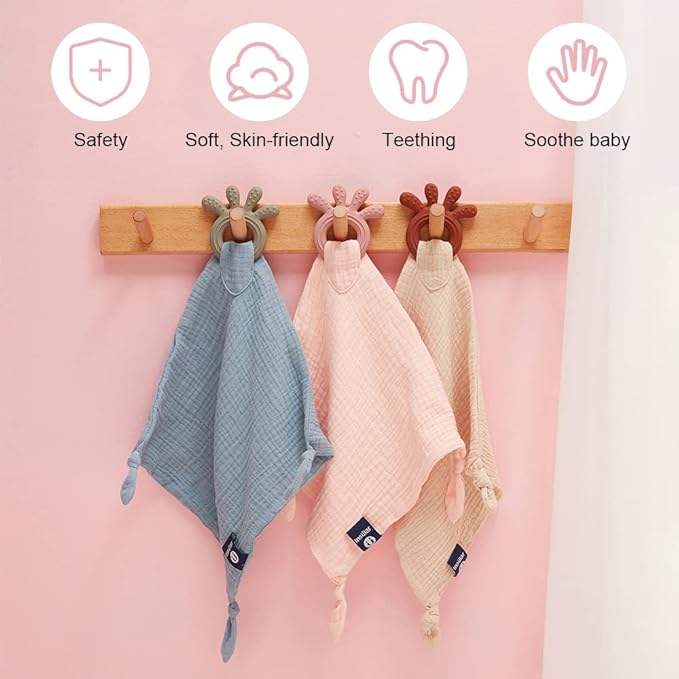 Baby Muslin Security Blanket with Food Grade Silionce Teether,Soothe Teething Toy for Boys and Girls,100% Polyester (Yellow)