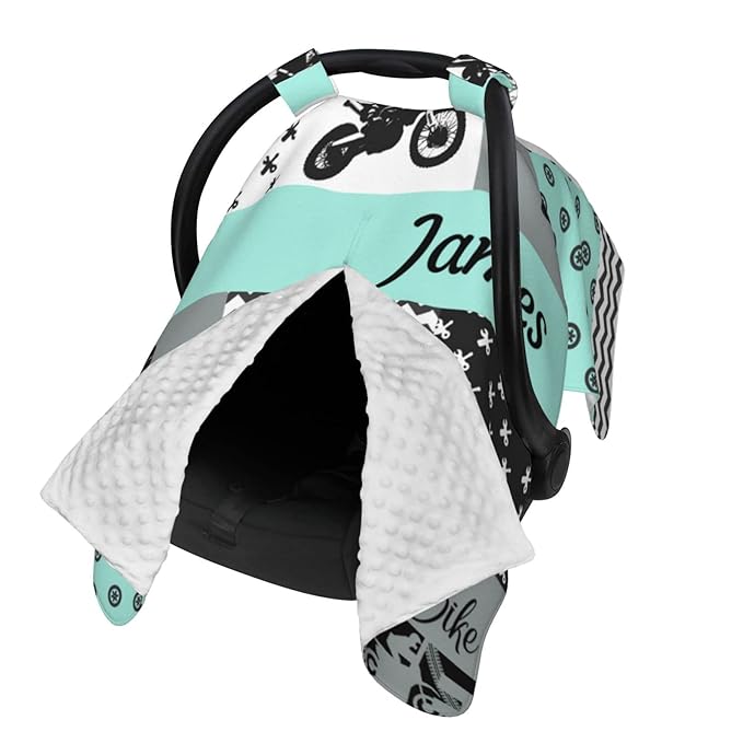 Personalized Dirt Bike Baby Car Seat Canopy for Babies with Name, Custom Motocross Baby Car Seat Covers for Boy and Girl, Opening Minky Nursing Breastfeeding Cover Infant Carseat Canopies for Newborn