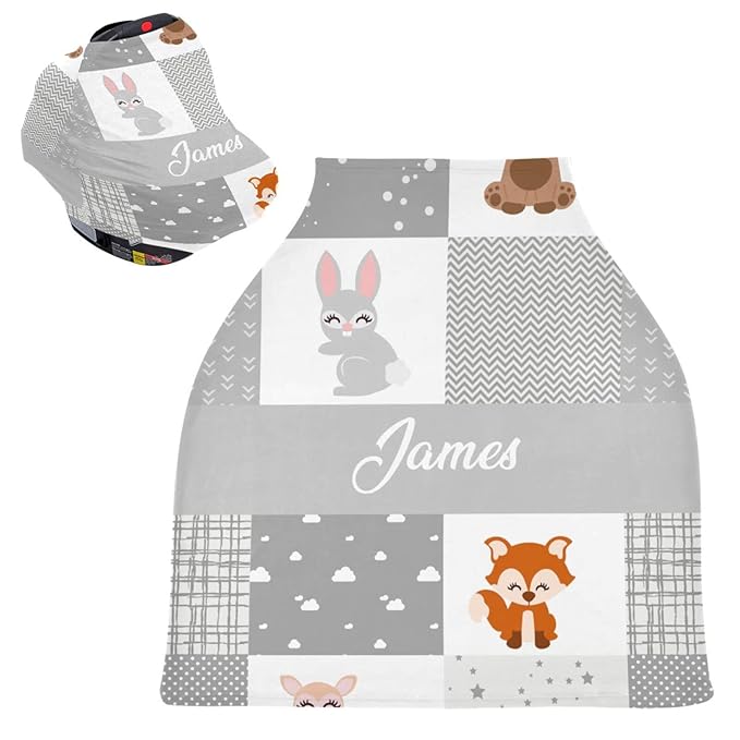 Personalized Cute Animal Baby Car Seat Covers for Girls Boys, Custom Nursing Cover Breastfeeding Scarf, Multiuse Carseat Canopy, Infant Stroller Cover, Shower Gift for Newborn Babies
