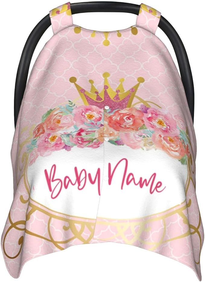 Personalized Flowers Crown, Customization Peekaboo Opening Carseat Canopy for Newborn, Breastfeeding Nursing, with Name Infant Toddler Blanket