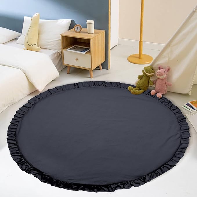 ABREEZE Baby Cotton Play Mat Soft Crawling Mat White Detachable Washable Game Blanket Floor Playmats Kids Infant Child Activity Round Rug Home Room Decor (Dark Grey)