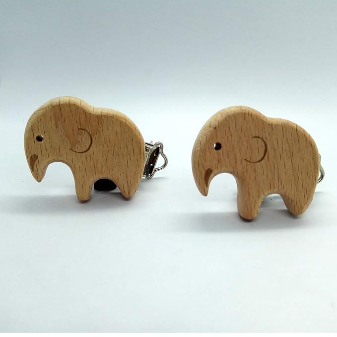 5pcs Natural Beech Wood Animal Pacifier Clips Grasping Toy Suspender Chain Clips Charm Antique DIY Beading Accessory (Elephant)