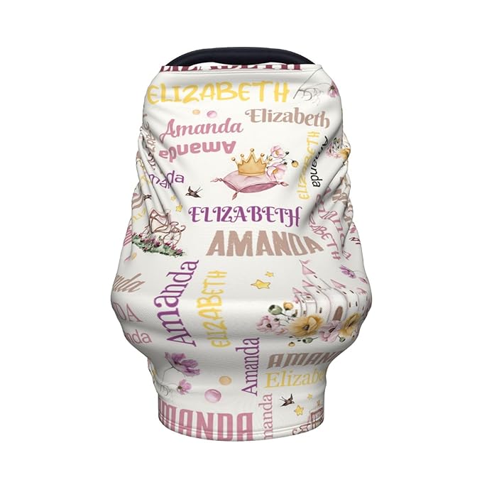 Personalized Baby Car Seat Cover for Girls, Custom Crown Castles Nursing Covers for Breastfeeding with Name, Infant Stroller Cover, Baby Carseat Canopy for Newborn, Multiuse Car Seat Canopies