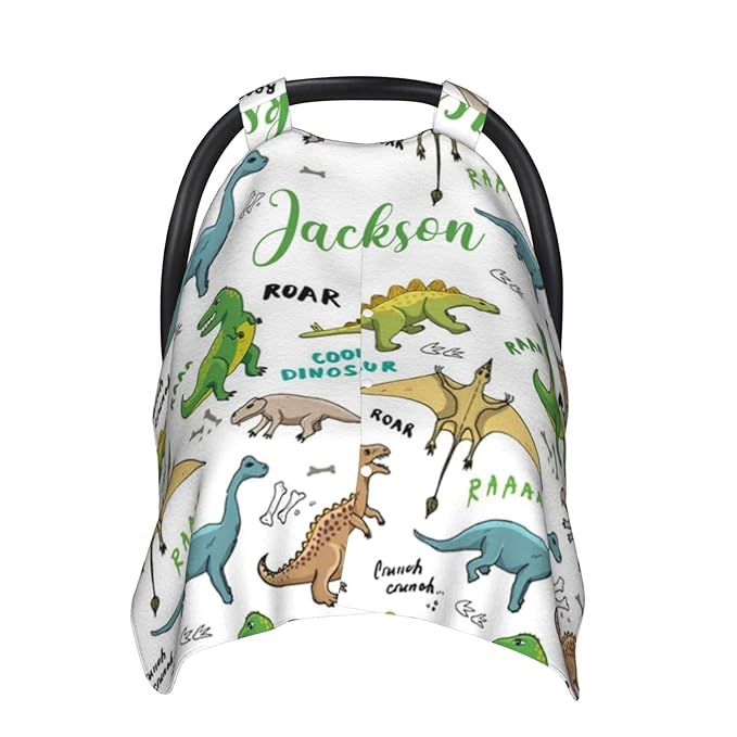 Custom Baby Car Seat Canopy for Babies with Name, Personalized Dinosaur Baby Car Seats Covers for Boys, Opening Minky Nursing Breastfeeding Stroller Cover Infant Carseat Canopies for Newborn