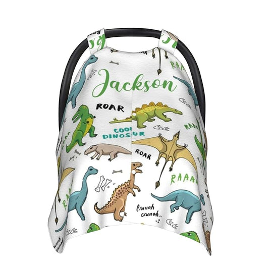 Custom Baby Car Seat Canopy for Babies with Name, Personalized Dinosaur Baby Car Seats Covers for Boys, Opening Minky Nursing Breastfeeding Stroller Cover Infant Carseat Canopies for Newborn
