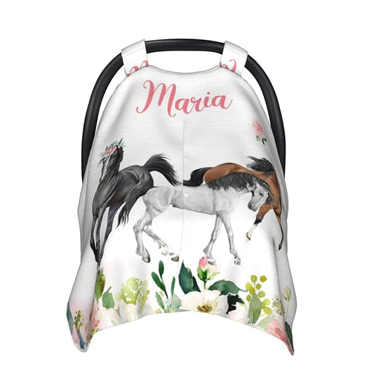 Personalized Baby Car Seat Canopy for Babies, Custom Name Car Seat Covers for Baby Girl, Floral Horse Opening Minky Nursing Breastfeeding Cover for Infant, Carseat Canopies for Newborn