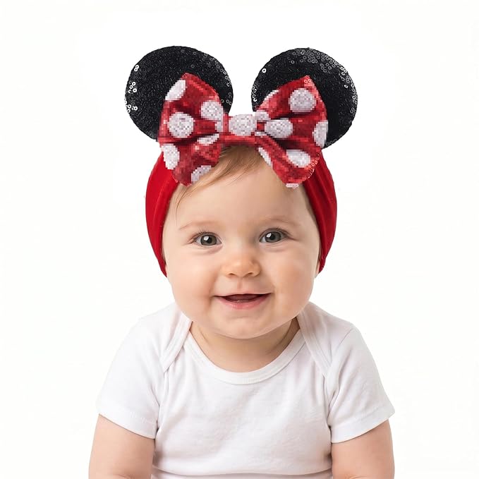 JIAHANG Baby Girl Mouse Ears Headwrap with Sequin Polka Dot Bow, Velvet Turban Hairband, Hair Bow Headband for Toddler, Kids, Party Supplies