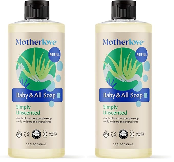 Motherlove Baby & All Soap (32 oz) Gentle Foaming All-Purpose Castile Soap Made with Organic Ingredients – Simply Unscented (Pack of 2)