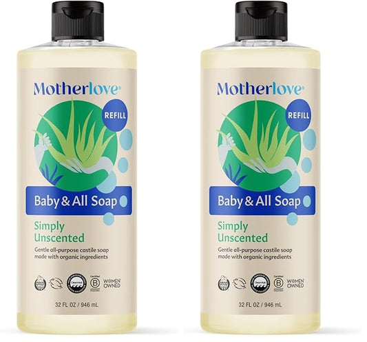 Motherlove Baby & All Soap (32 oz) Gentle Foaming All-Purpose Castile Soap Made with Organic Ingredients – Simply Unscented (Pack of 2)
