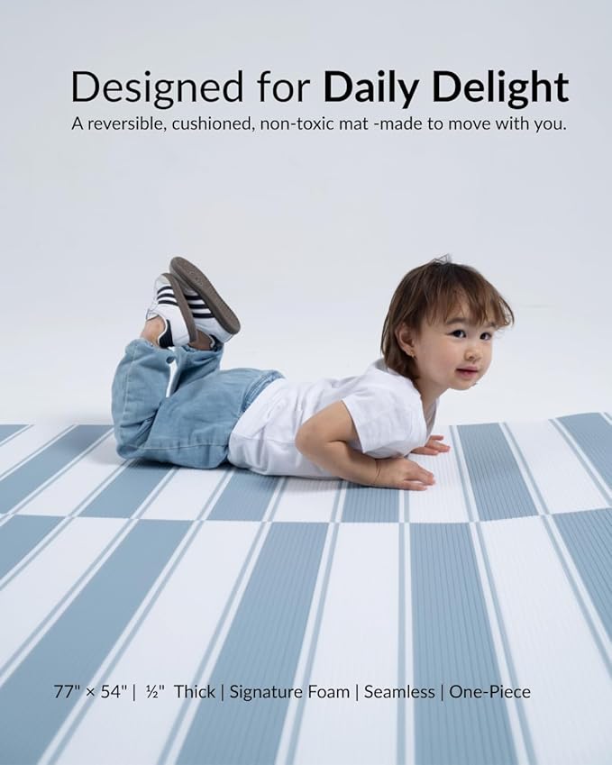 Wander & Roam Premium Reversible Play Mat - Soft Foam Child & Parent - Neutral Antelope + Stripe Design - Water Resistant, Easy to Clean, Non-Toxic - Slate Blue, 3+ Years