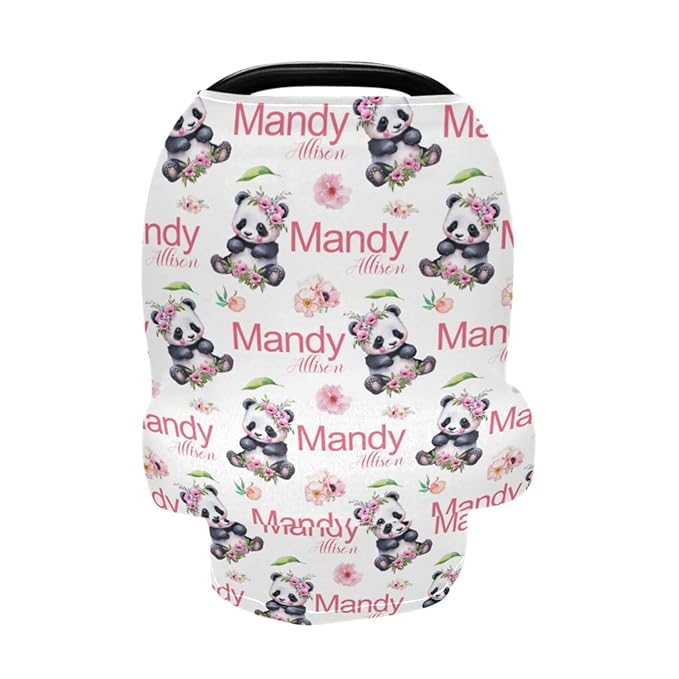 Personalized Baby Car Seat Cover for Girls, Custom Nursing Covers for Breastfeeding with Name, Panda Bear Floral Infant Stroller Cover, Baby Carseat Canopy for Newborn, Multiuse Car Seat Canopies