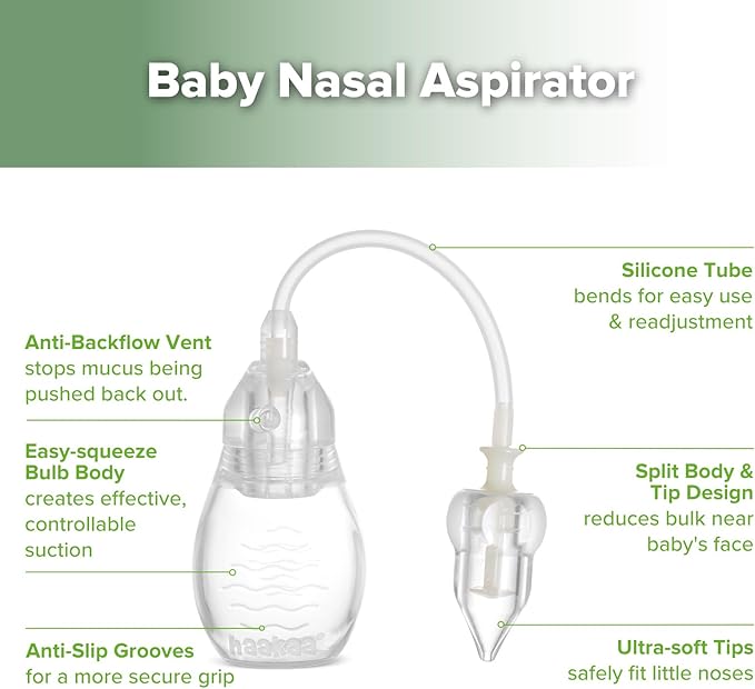 haakaa Silicone Nasal Aspirator for Baby – Baby Nose Sucker, Swan Neck Nasal Aspirator with Anti-Backflow Valve, BPA-Free Nose Cleaner, 12m+