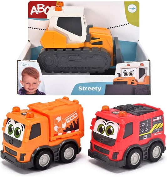 Dickie Toys ABC Streety 204112007 Push Car for Babies and Toddlers from 1 Year Old, Bulldozer, Fire Brigade or Rubbish Collection, 15 cm Toy Car, Orange