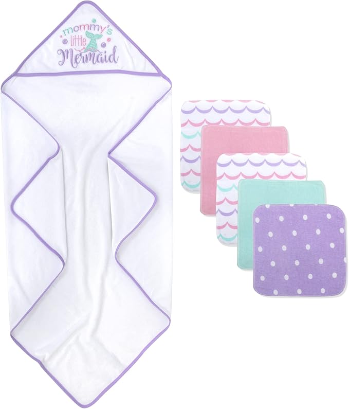 Baby Hooded Towel and Washcloth Set for Infants, Boys and Girls 6-12 Months (Mommy's Mermaid)
