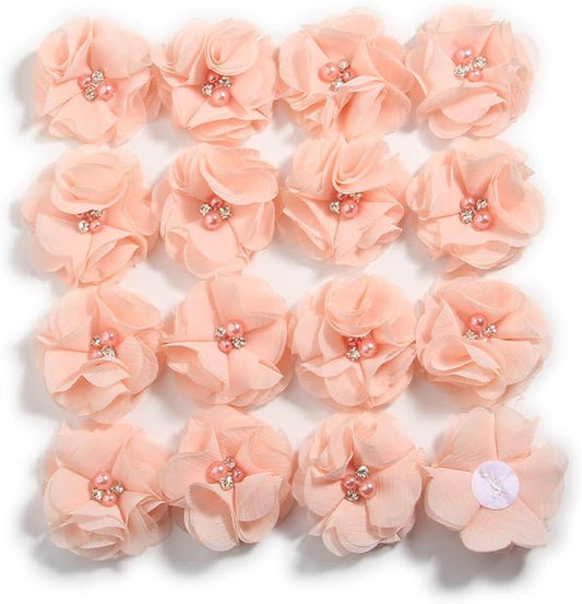 50 Pcs 2" Mini Chiffon Flowers with Rhinestones for Baby Girls Hair Accessories Artificial Fabric Flowers for Headbands Craft Projects (Peach)