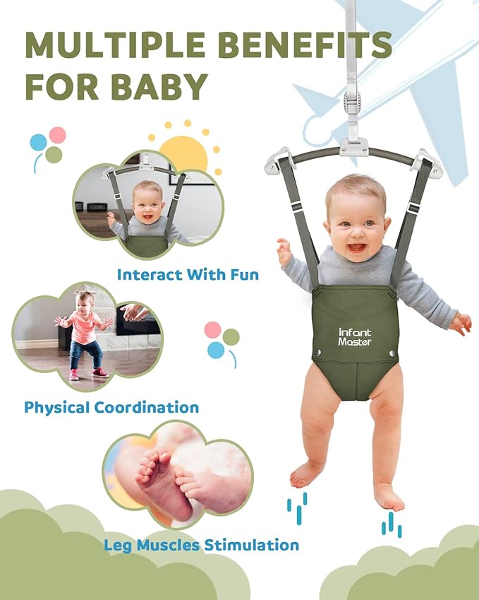 Master Baby Doorway Jumper - Sturdy with Adjustable Strap, Soft Johnny Bouncer Seat, Ideal Gift for Infant, Free Installation, Green