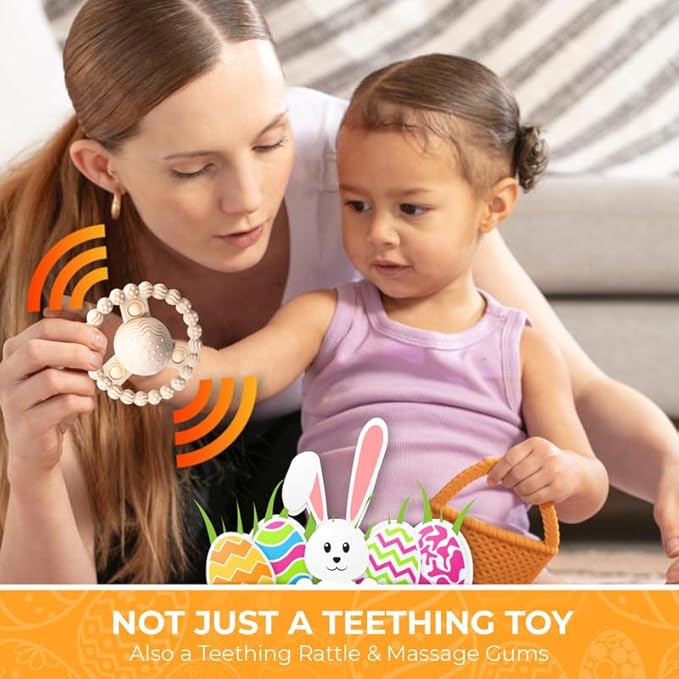 Easter Bunny Teether Set, Bunny, Carrot, Chicken, Rattle Egg & Easter Basket Baby Teething Toys Easter Teethers Toys for Babies - Pink