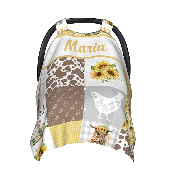 Personalized Baby Car Seat Canopy for Boys Girls, Custom Name, Sunflower Cow Pattern, Water Resistant, Polyester, Car Seat Cover