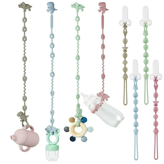 PandaEar 8 Pack Baby Toy Straps & Silicone Pacifier Clips, Dinosaur Silicone Pacifier Teether Harness Straps and Pacifier Holder Clips with One Piece Design for Baby Boys & Girls