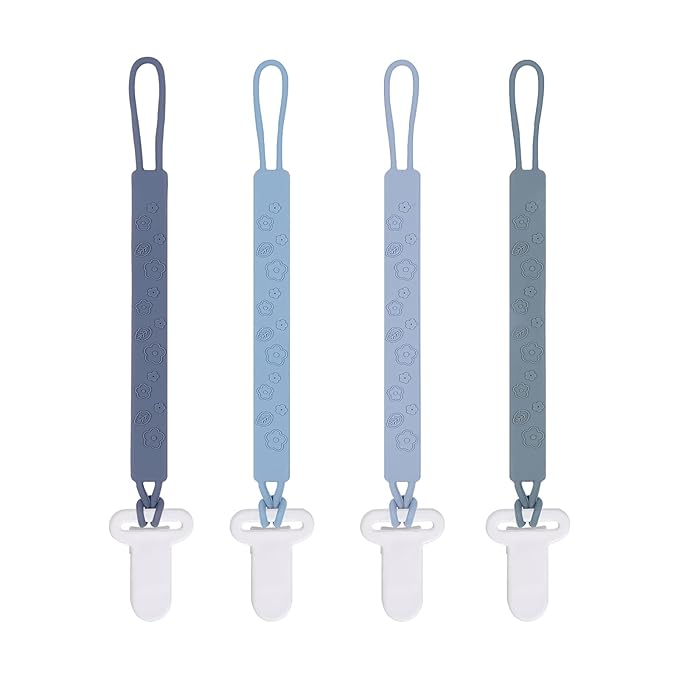 One Piece Design Silicone Pacifier Clip Holder for Baby Boys and Girls,Pack of 4 Flexible Paci Leash,Binky Clips,Newborn Essentials (Flowers & Leaves, Gray)