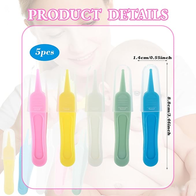 5 Pcs Nose Cleaning Tweezers, 5 Colors Baby Booger Picker with Round Head Comfortable Effective Booger Remover Tool Ear Noses Navel Cleaner Clip for Baby's Care