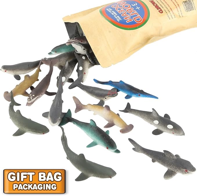 20 PCS Mini Rubber Shark Toy Figure, Super Stretches Bath Toy Set, Material TPR, Ocean Sea Animal Floating Bathtub Toy Party Favors, Realistic Shark Dolphin Whale Toy