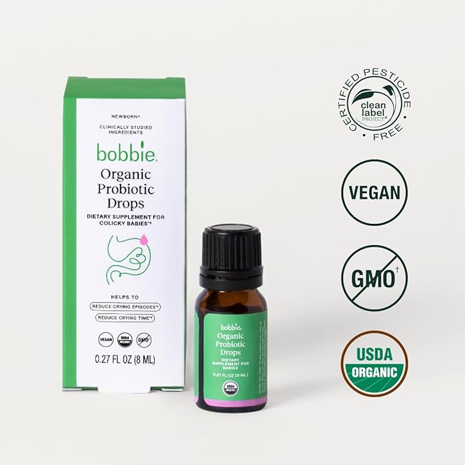 Bobbie Organic Baby Probiotic Drops, Daily Liquid Supplement, Fuss, Tears, Gut Health for Newborn Babies and Infants, Vegan, Infant-Friendly Formula, 1 Billion CFU, 0.27 fl oz