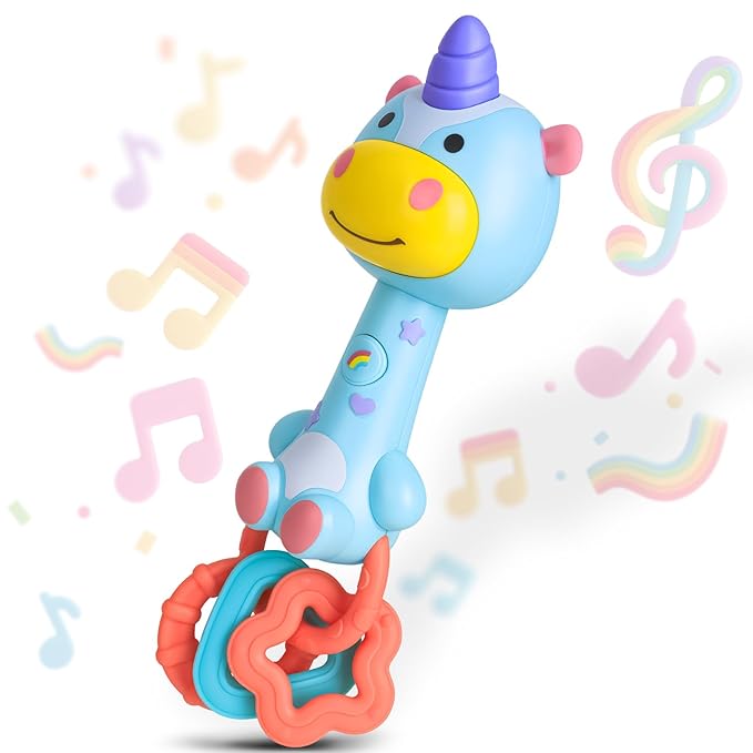 Musical Baby Rattle Toy, Soft Silicone Infant Teething Light-Up Rattle for Sensory Development, Easy Grasp Newborn Toy for 0-3-6-12 Months, Safe Early Learning Gift for Boys Girls
