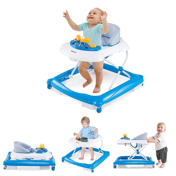 HONEY JOY Baby Walker, 5 in 1 Infant Activity Walker with Wheels, Music, Removable Cushion, Toddler Foldable Push Walker for Boys Girls, Anti-Rollover Walkers for Babies 7-14 Months (Blue)