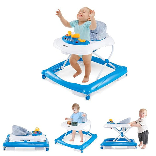 HONEY JOY Baby Walker, 5 in 1 Infant Activity Walker with Wheels, Music, Removable Cushion, Toddler Foldable Push Walker for Boys Girls, Anti-Rollover Walkers for Babies 7-14 Months (Blue)