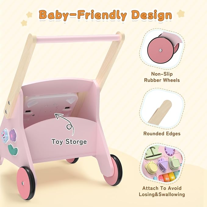 Wiqins Wooden Baby Push Walker, 10-in-1 Baby Walker Toys with Wheels for Toddlers 18 Months, Detachable Montessori Activity Board Toy & Storage for 1 Year Old Boys Girls Learning to Walk