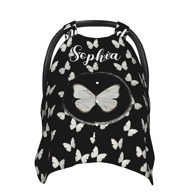 Personalized Baby Car Seat Canopy with Name, Custom Stroller Baby Car Seat Covers for Girls, Minky Nursing Carseat Cover for Breastfeeding, Car Seat Canopies for Infant Newborn(Butterfly)