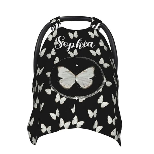 Personalized Baby Car Seat Canopy with Name, Custom Stroller Baby Car Seat Covers for Girls, Minky Nursing Carseat Cover for Breastfeeding, Car Seat Canopies for Infant Newborn(Butterfly)