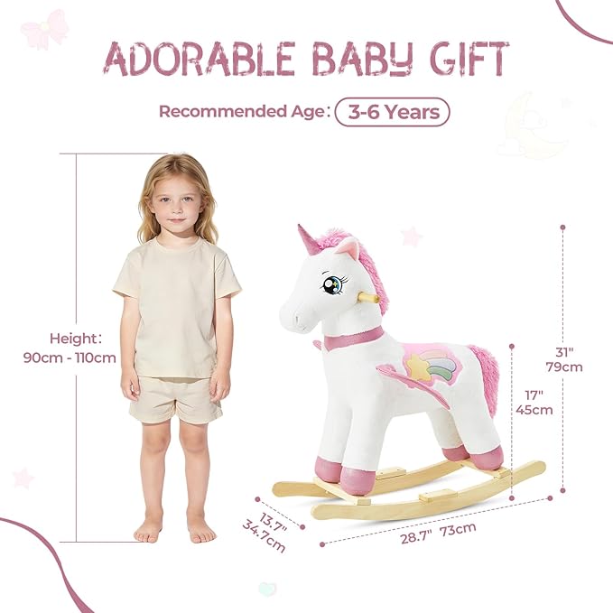 FUNLIO Unicorn Baby Rocking Horse for Kids 3-6 Years, Rainbow Fairy Unicorn Rocking Horse, Stuffed Ride-on Animal Rocker, Easy to Assemble, CPC & CE Certified-Large
