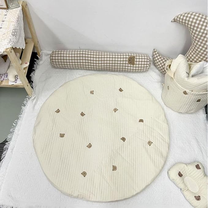 Baby White Bear Embroidered Play Mat, 33.5" Cotton Crawling Mat, Detachable Washable Floor Rug Soft Kids Room Decor Gym Nursery Area Rug Playroom Carpet for Infant Toddler