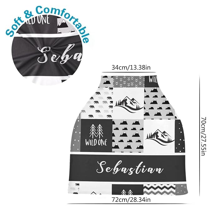 Multi-Use Baby Car Seat Cover Personalized, Customized Nursing Cover with Name, Breathable Breastfeeding Covers Soft Infant Stroller Canopy, Gift for Newborn Boys Girls, Mountain