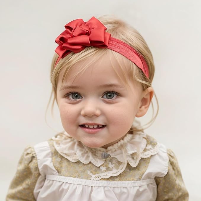 Large Flower Elastic headband for Baby Girl Infant Soft Fabric Chiffon Floral Hairband Toddler Newborn Christening Baptism Hair Accessories (Flower 6 - Red, Elastic)