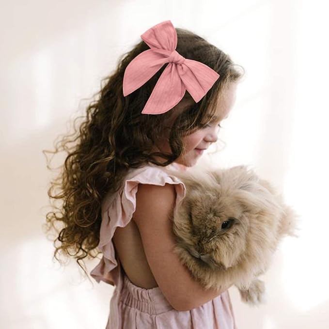 TOKUFAGU 7 Count 6 Inch Hair Clip Bows, Large Cotton Hair Accessories for Girls Toddlers Kids