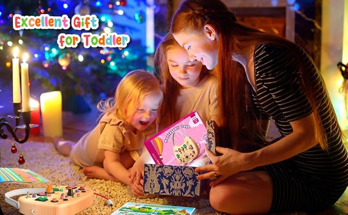 flycoost Montessori Busy Board with LED Light Switches,Toddler Toys for 1 2 3 Years Olds Wooden Activity Autism Baby Busy Board,Sensory Travel Toys for Toddlers 1-3 Years Old Boy&Girl Birthday Gift