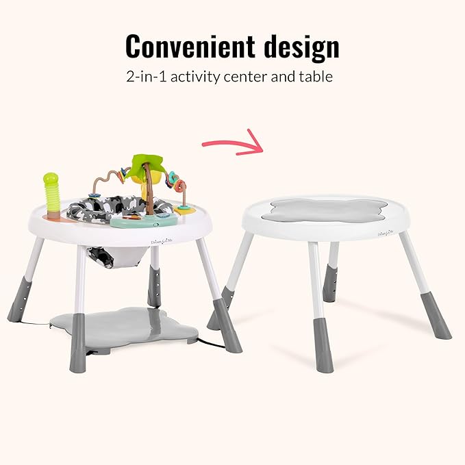 Dream On Me Curio Sit N Seek Baby Activity Center in Grey, 2 in 1 Activity Center and Play Table with 3 Detachable Toys and Music, 3 Level Height Adjustable Positions Activity Center for Baby