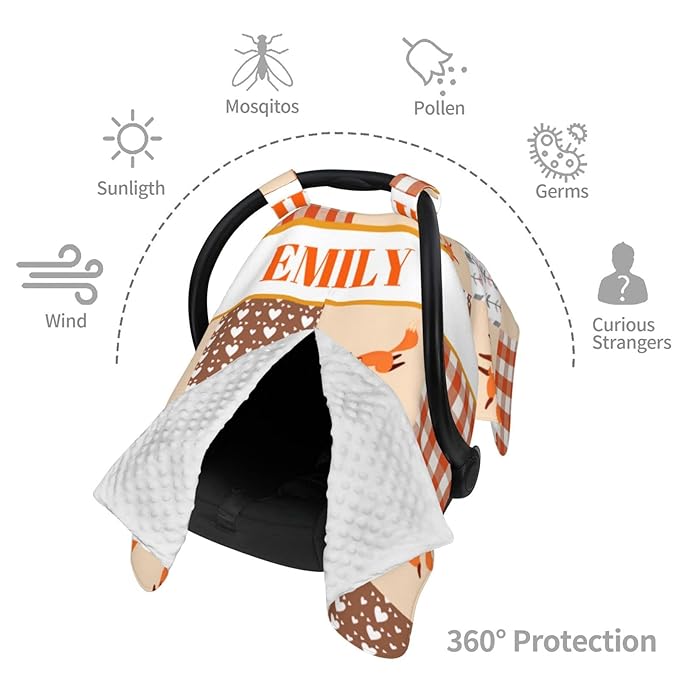 Personalized Baby Car Seat Canopy for Babies, Custom Name Car Seat Covers for Boys and Girls, Opening Minky Nursing Breastfeeding Cover for Infant, Carseat Canopies for Newborn (Cute Fox)