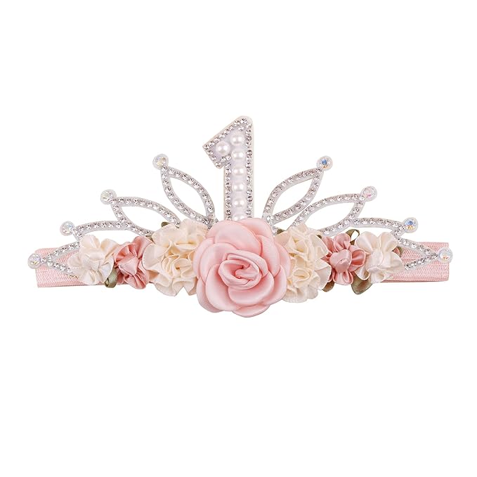 cherrboll Flower Headband Birthday Crown for Girl, Floral Nylon Hairband for 1-3 Years Old Toddler, First 1st Birthday Party Dress Photo Decoration Hair Accessory