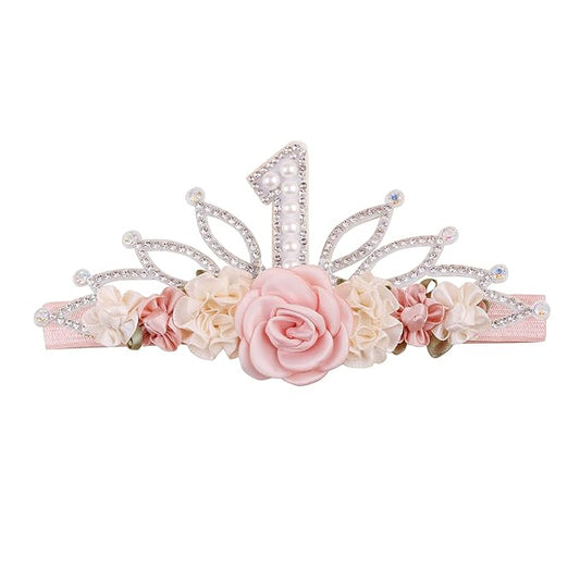 cherrboll Flower Headband Birthday Crown for Girl, Floral Nylon Hairband for 1-3 Years Old Toddler, First 1st Birthday Party Dress Photo Decoration Hair Accessory