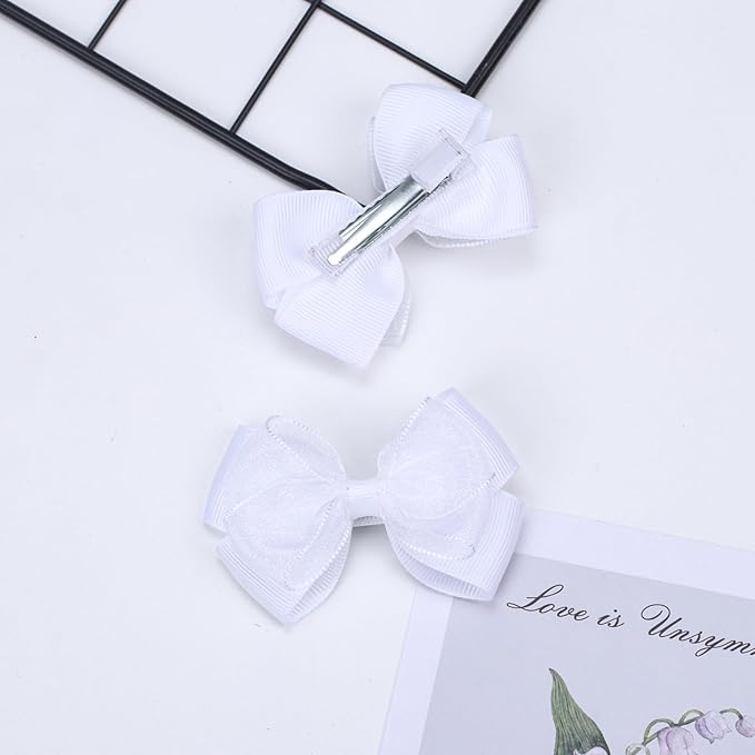 Tiny 3 Inch Organza Double Hair Bow Clips - Lined Boutique Alligator Hairpin for Baby Girls, Toddlers, and Little Teens - Kids Barrettes Set of 2 Small Stylish (White)
