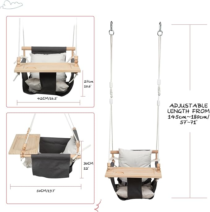 KINSPORY Toddler Swing with Soft Cushion, Safety Buckle & Detachable Tray, Adjustable 57~71'' Canvas Baby Swing, High Back Infant Seat for Children' Room, Backyard, Playground Set (Grey)