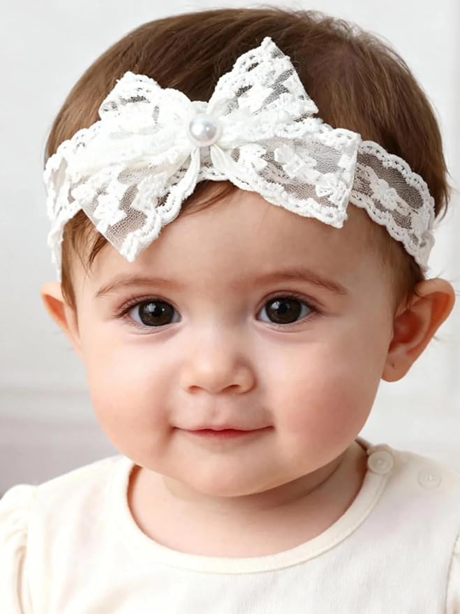 Baby Girls Hairbands bows Headband Stretchy Soft Flower Hairband Toddler Handmade Headbands with Pearls Elastic Headband for Infant Toddler Girl Hair Accessories (Pearl Lace Bow, Elastic)