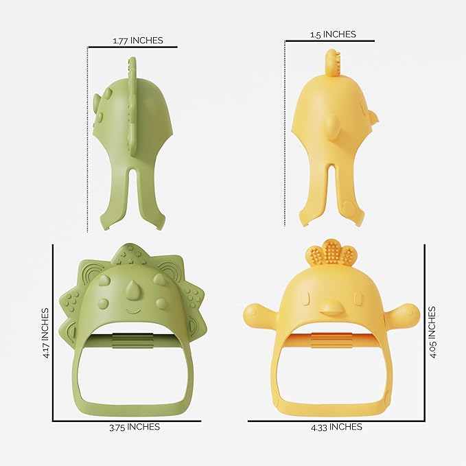 Teethers for Babies 6-12 Months Pack of 2 Wearable Weaning Pacifier Teether Toy - Little Chick Mini Dino Pacifier Silicone Toys for Babies - Yellow and Green by Muqee Peeko