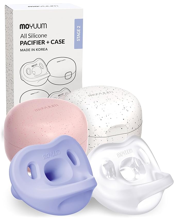 Moyuum Silicone Macaron Pacifier | Made in Korea, BPA Free One-Piece Design Baby Soother, Soft Orthodontic Shape with Air Holes, 2 Pack with Travel Case, Babies 3-6 Months (Blueberry+Natural, Stage 2)